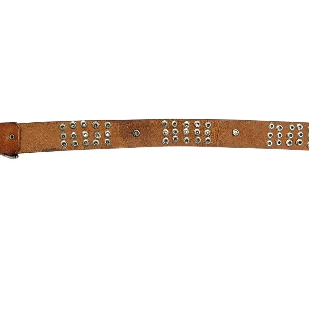 Vintage Brown Leather Studded Concho Belt Four Leaf Clover Silver Tone Boho